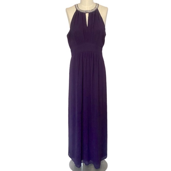 Purple Chiffon Beaded Keyhole Halter Maxi Dress Gown size Large bridesmaid - Picture 1 of 12